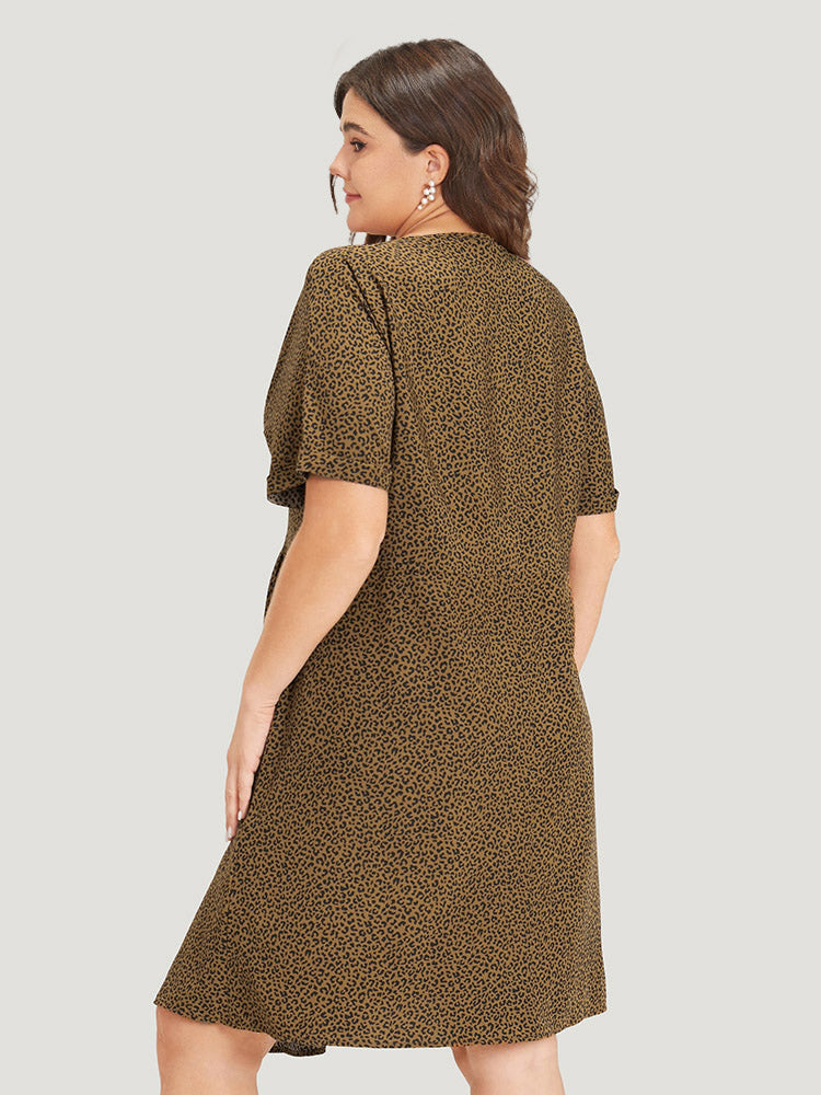 Leopard Print V Neck Button Detail Dolman Sleeve Dress