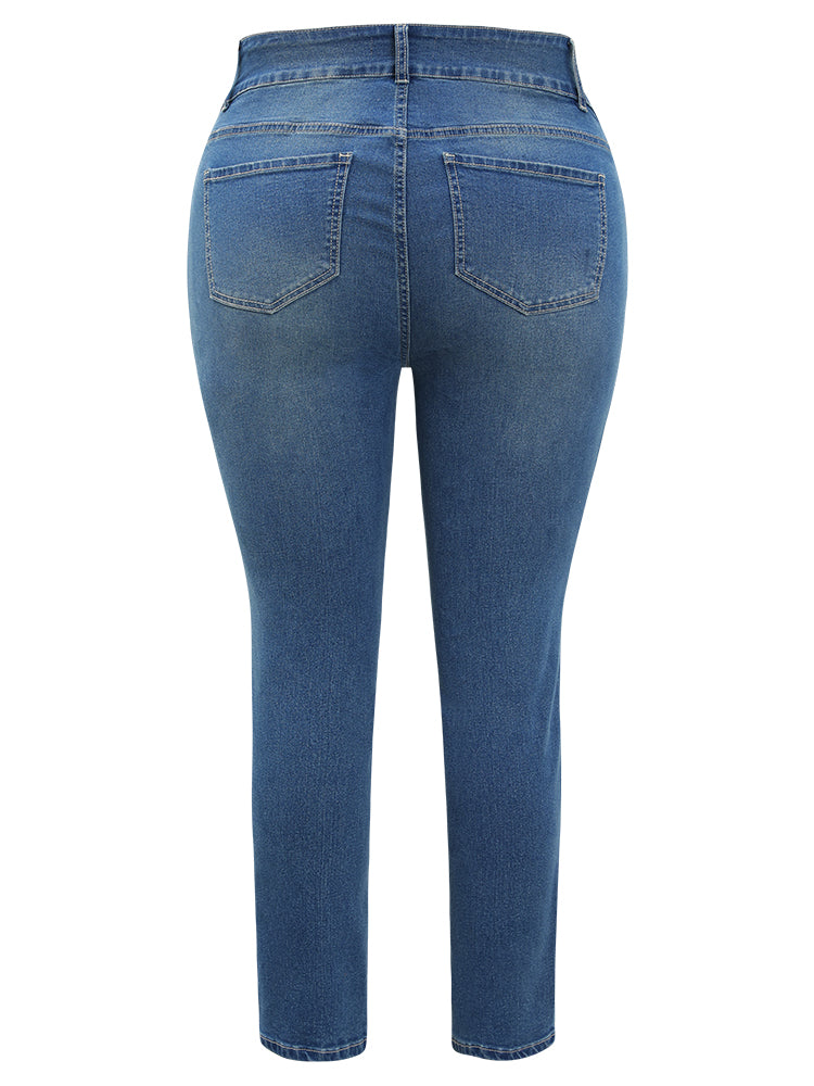 Very Stretchy High Rise Medium Wash Paint Patched Jeans