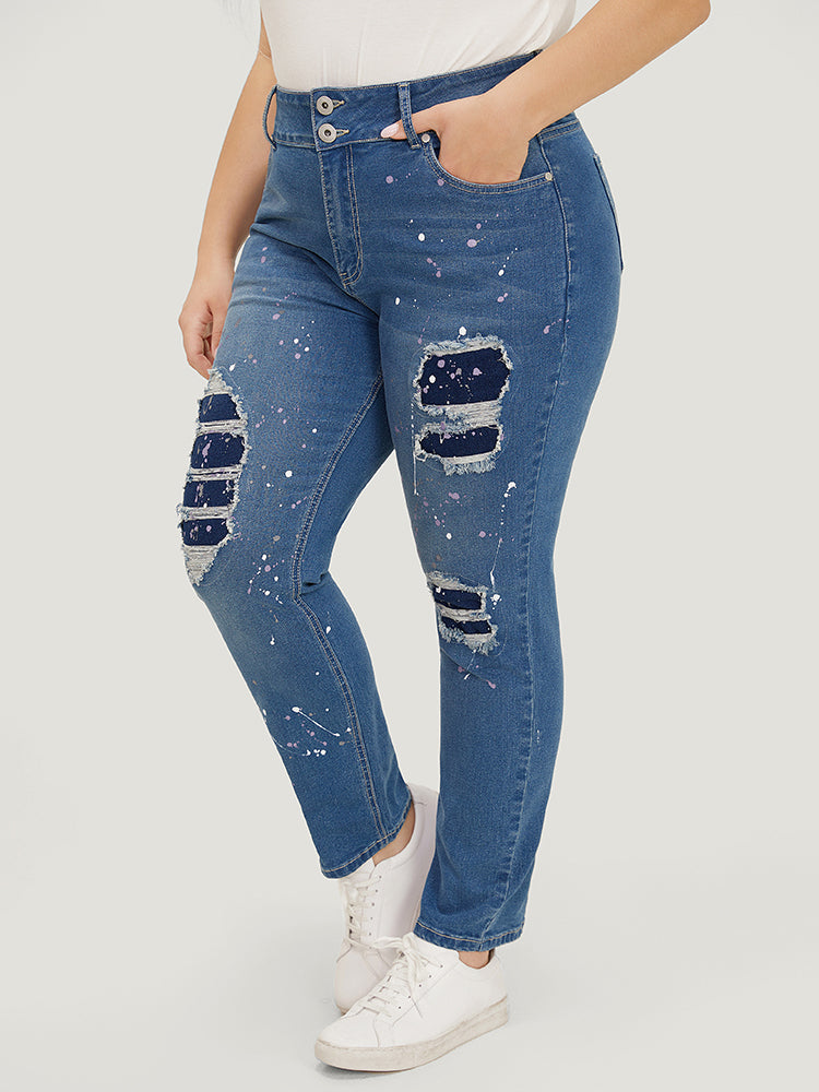 Very Stretchy High Rise Medium Wash Paint Patched Jeans