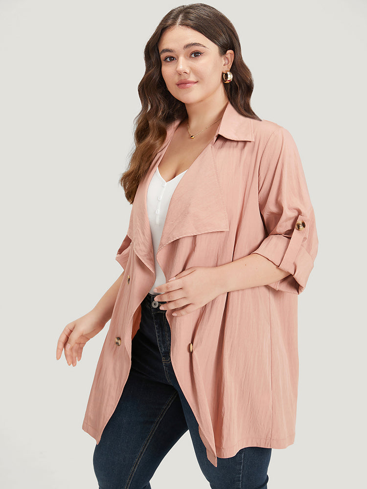 Plain Lapel Collar Asymmetrical Tab Sleeve Trench Coat