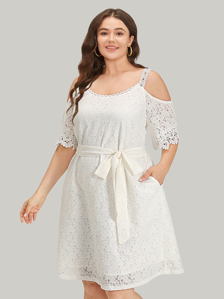 Lace Panel Belted Cold Shoulder Flutter Sleeve Dress