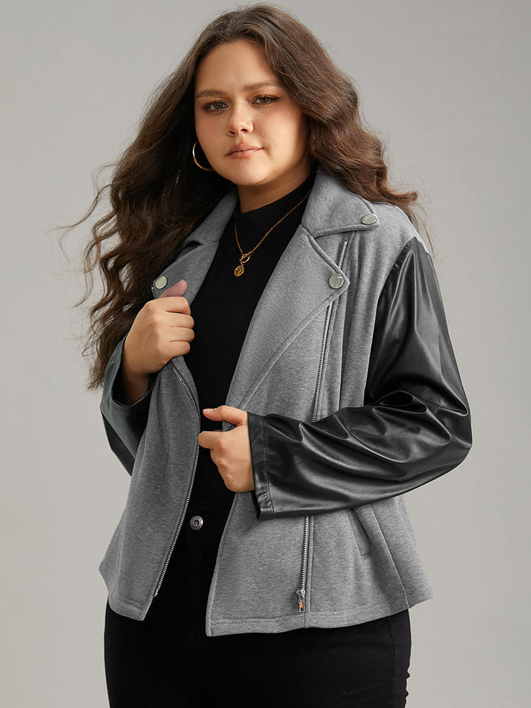 PU Leather Zipper Contrast Button Detail Jacket
