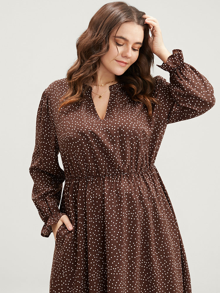 Polka Dot Pocket Lantern Sleeve Flutter Hem Dress