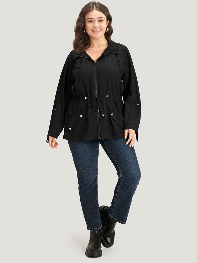 Plus Size Coats | Plain Hooded Zipper Drawstring Tab Sleeve Coat ...