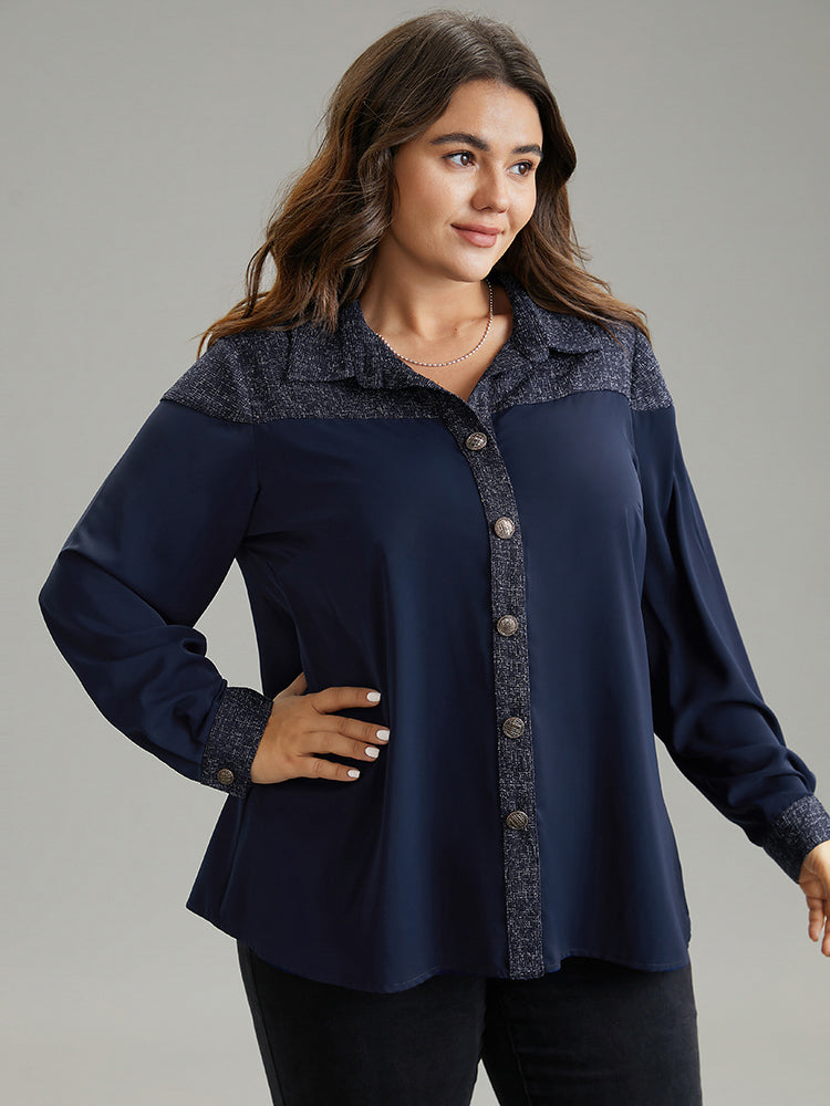 Shirt Collar Patchwork Textured Buckle Up Blouse