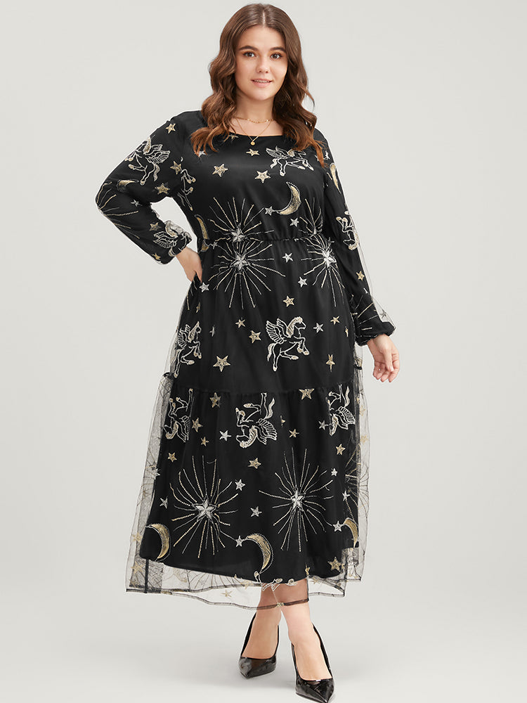 Moon And Star Pocket Lantern Sleeve Embroidered Mesh Dress