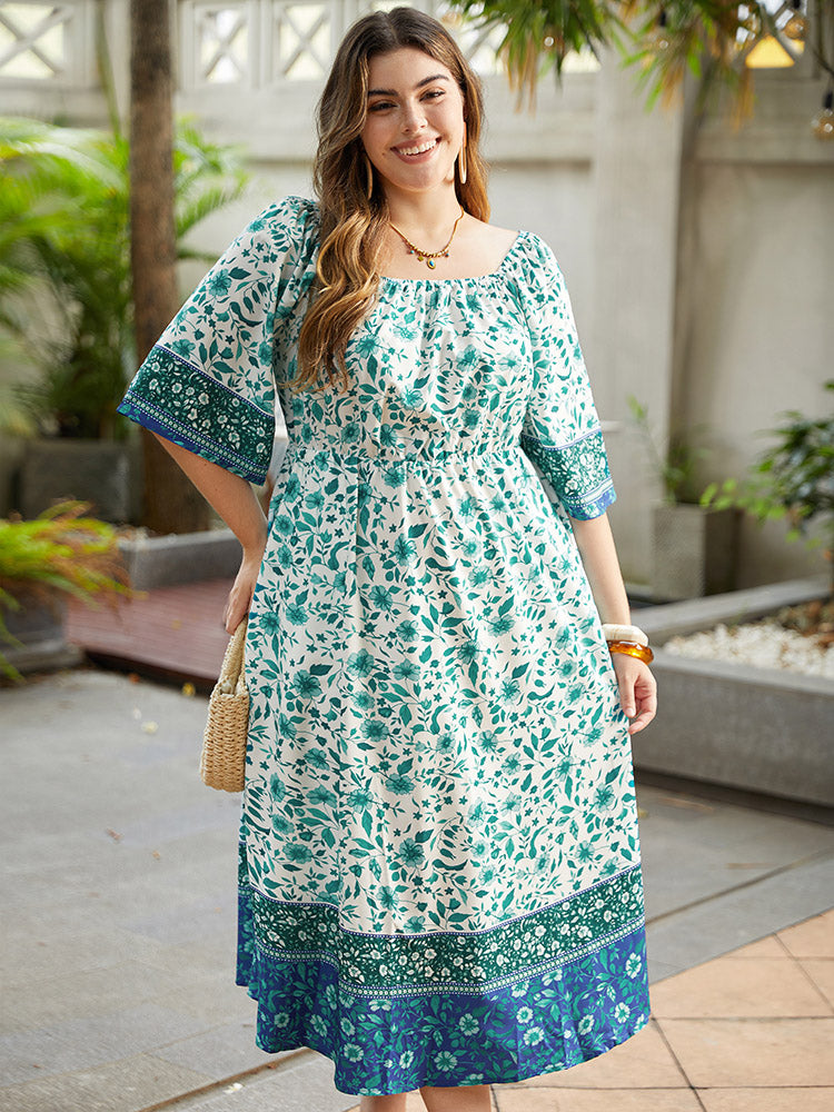 BloomChic Emerald Floral Print Midi Dress, Plus Size Patchwork Square Neck Raglan Sleeve, 12/L BloomChic Emerald Floral Print Midi Dress, Plus Size Patchwork Square Neck Raglan Sleeve, 12/L
