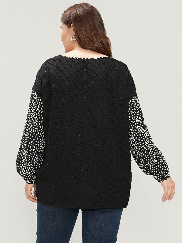 Leopard Patchwork Raglan Sleeve V Neck Blouse