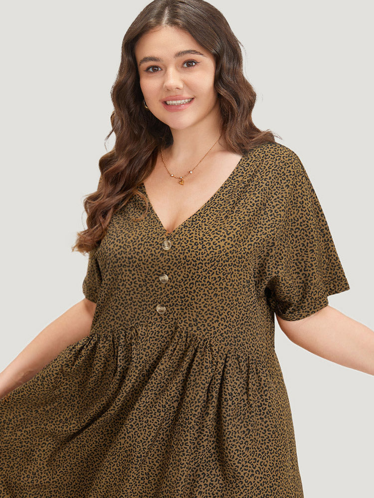 Leopard Print V Neck Button Detail Dolman Sleeve Dress