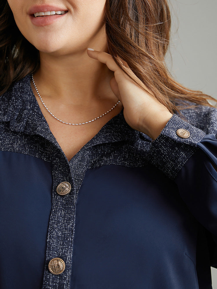 Shirt Collar Patchwork Textured Buckle Up Blouse