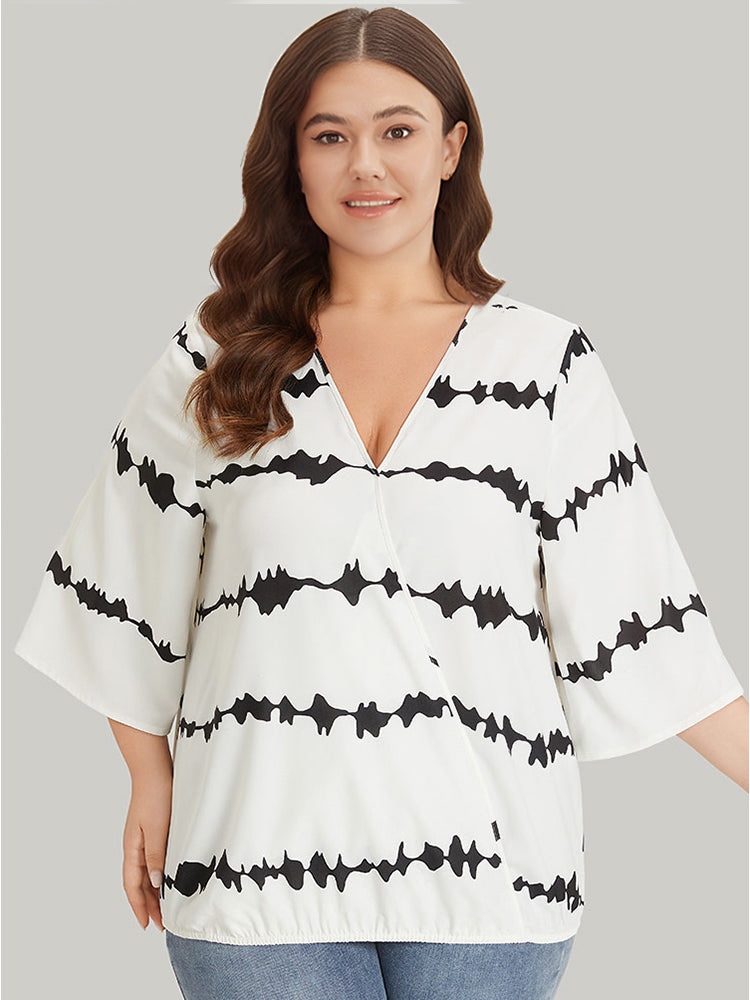 Striped Tie Dye V Neck Gathered Blouse
