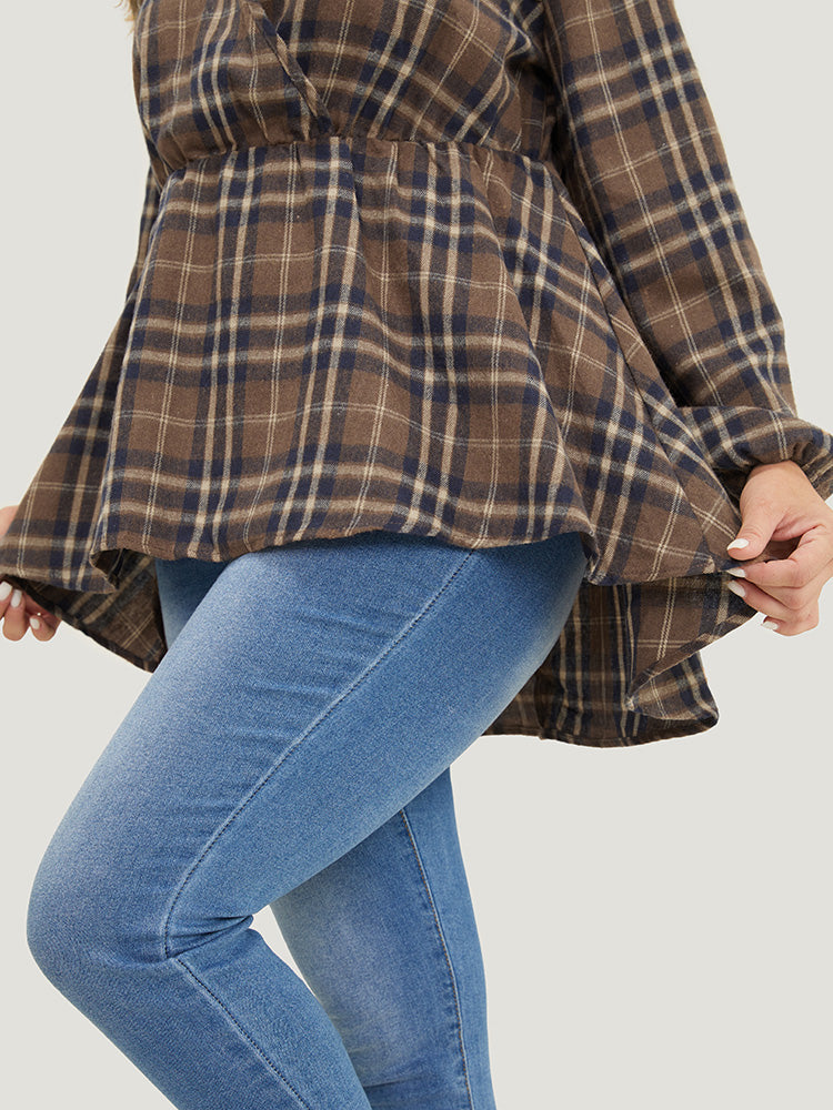 Plaid Ruffles Trim Lantern Sleeve Asymmetrical Hem Wrap Blouse
