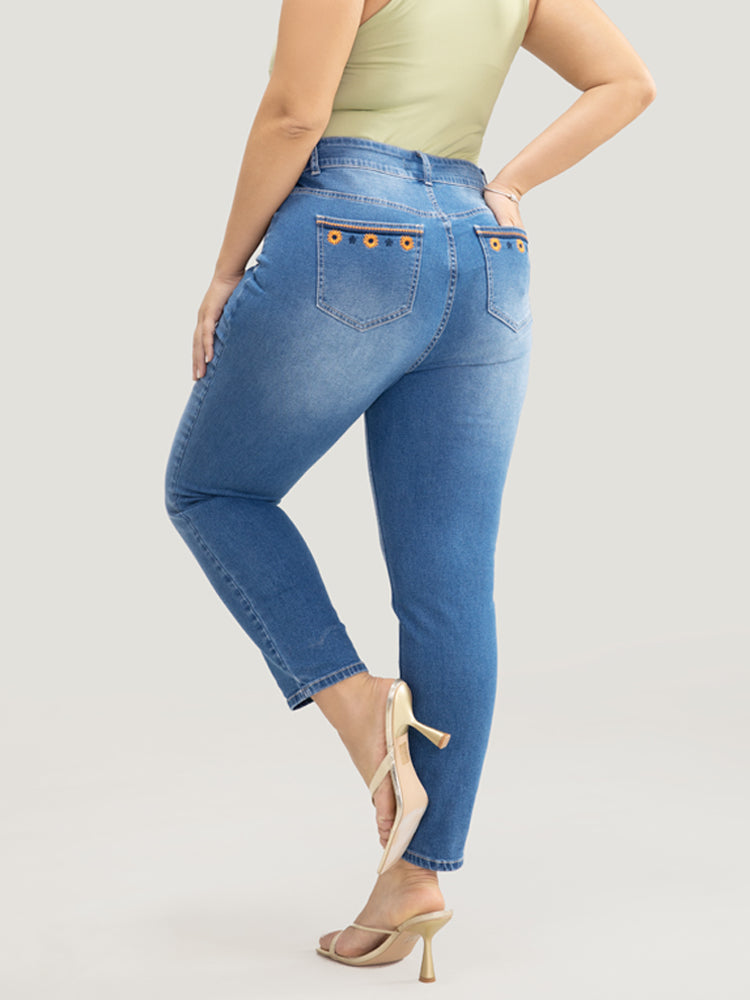 Fashionable Embroidered High-waisted Double-button Stretch Jeans