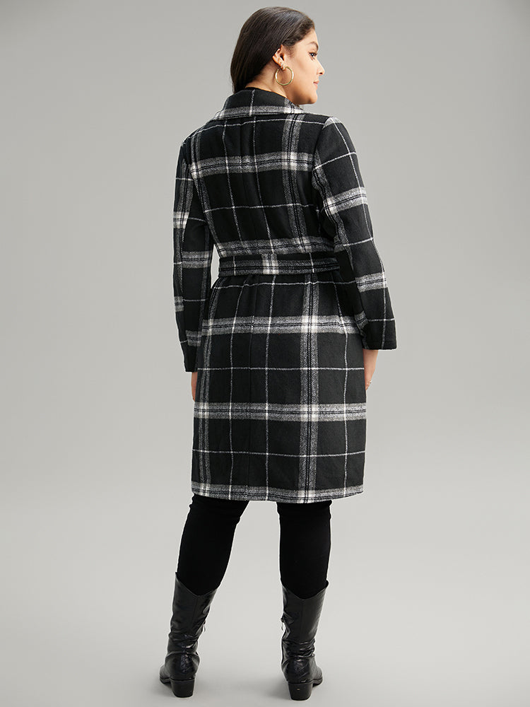 Lapel Collar Plaid Belted Contrast Coat