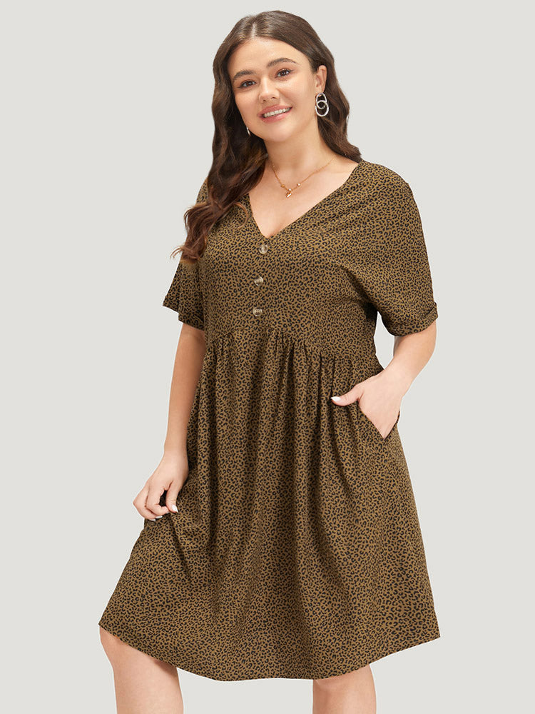 Leopard Print V Neck Button Detail Dolman Sleeve Dress