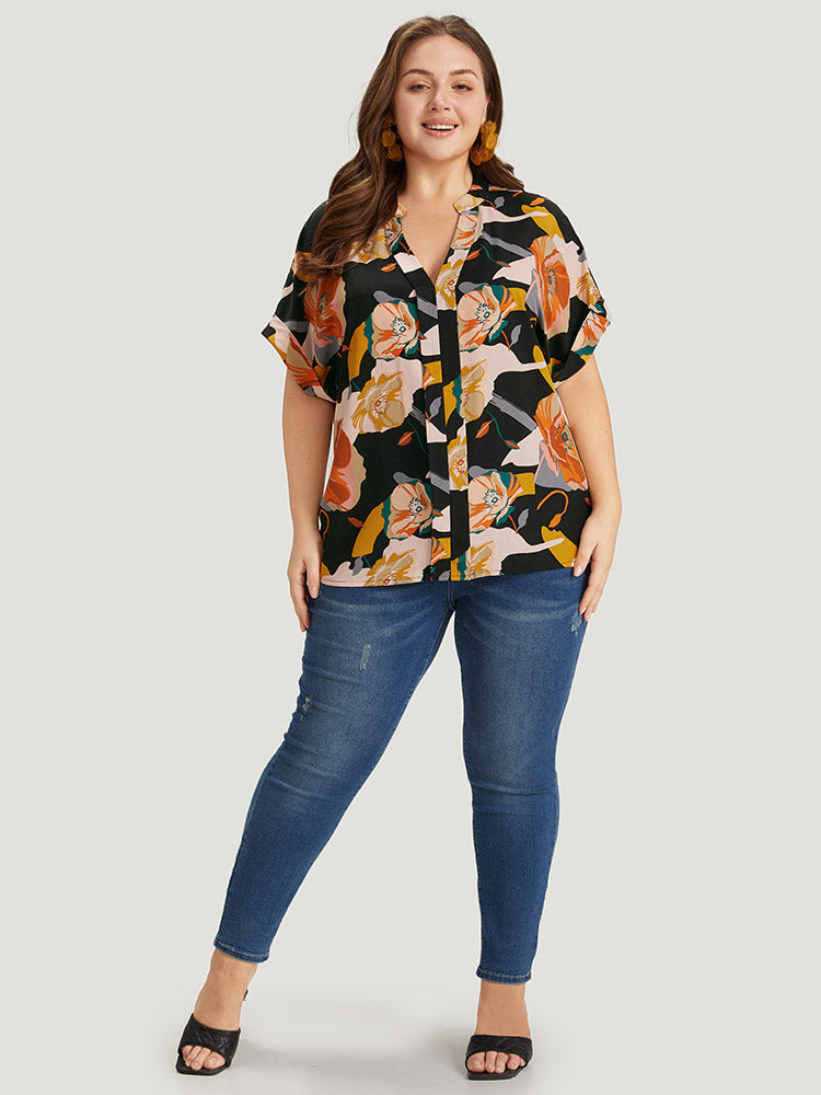Floral Print Notched Cuffed Sleeve Blouse