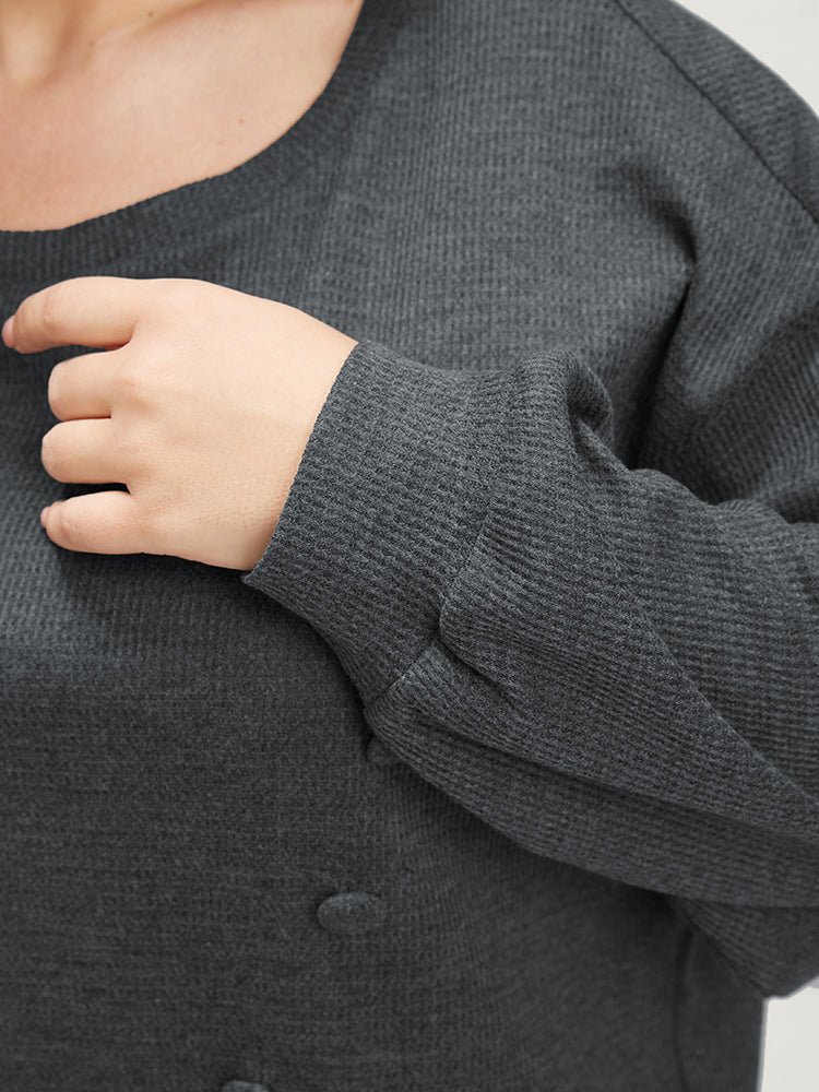 Solid Button Detail Round Neck Waffle Knit Sweatshirt