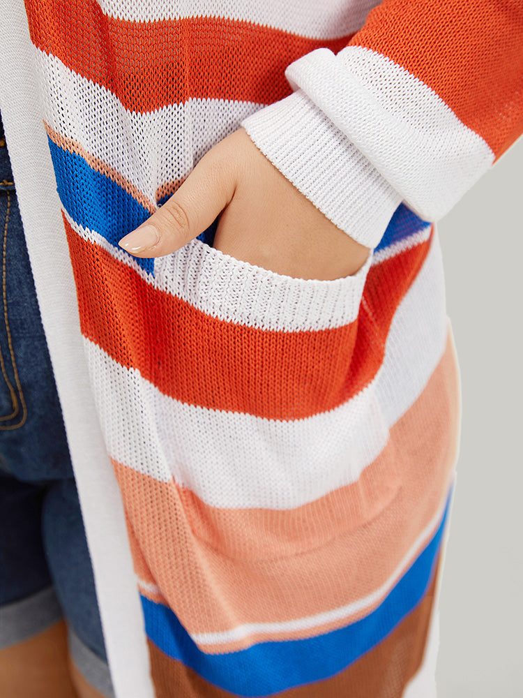 Colorblock Contrast Pocket Tunic Open Front Cardigan