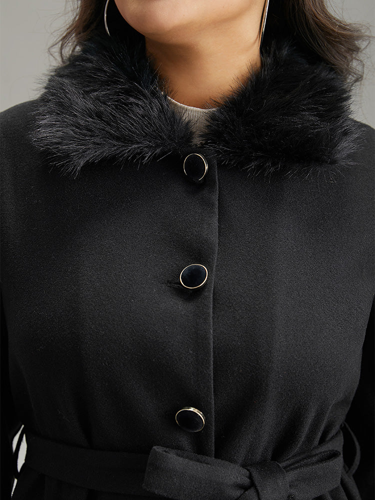 Solid Fuzzy Trim Button Through Belted Coat