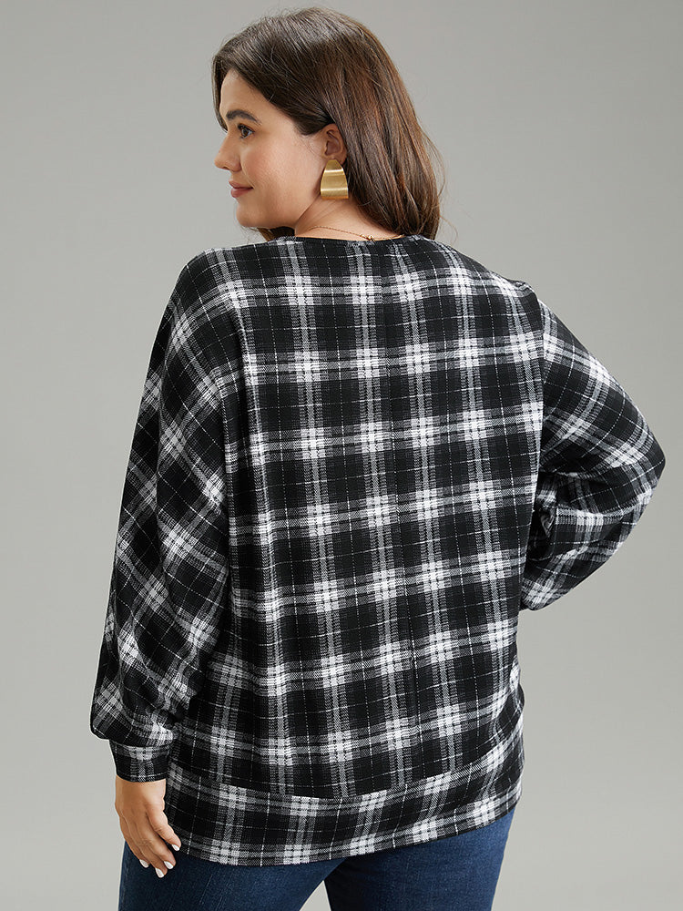 Plaid Overlap Collar Long Sleeve Sweatshirt