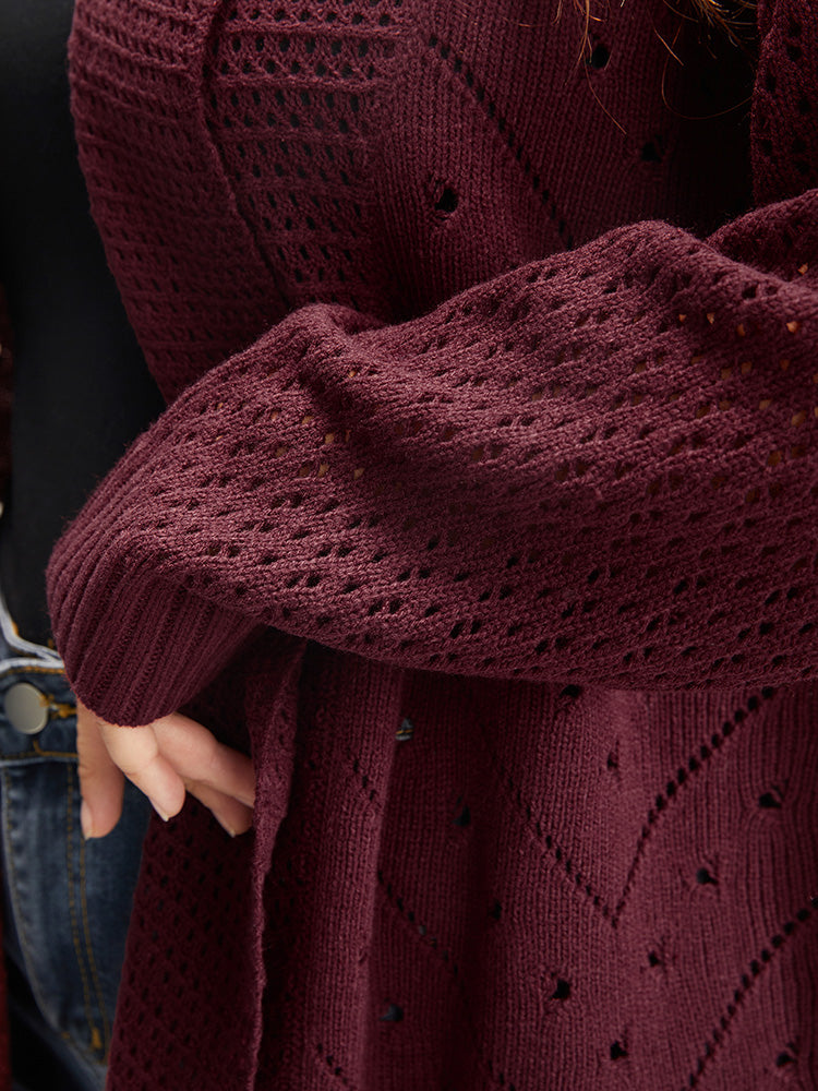 Solid Pointelle Knit Lapel Collar Geometric Crochet Open Front Cardigan