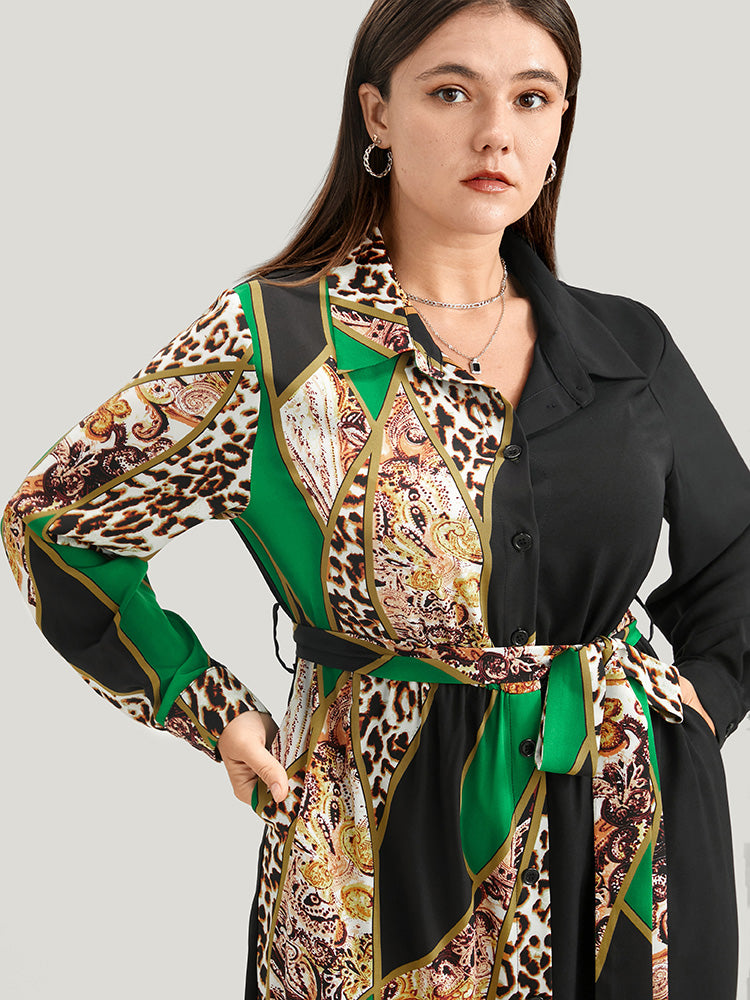 Chain Print Shirt Collar Pocket Split Belted Button Up Dress