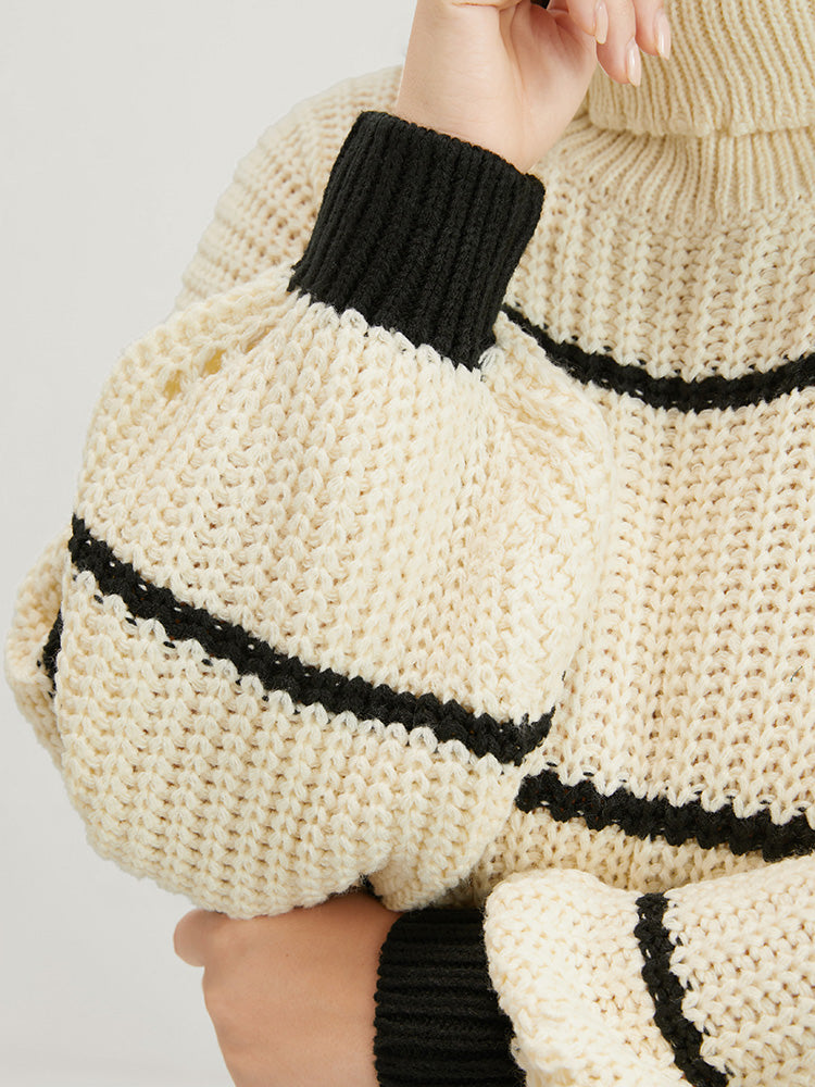 Striped Contrast Pointelle Knit Lantern Sleeve Funnel Neck Knit Top
