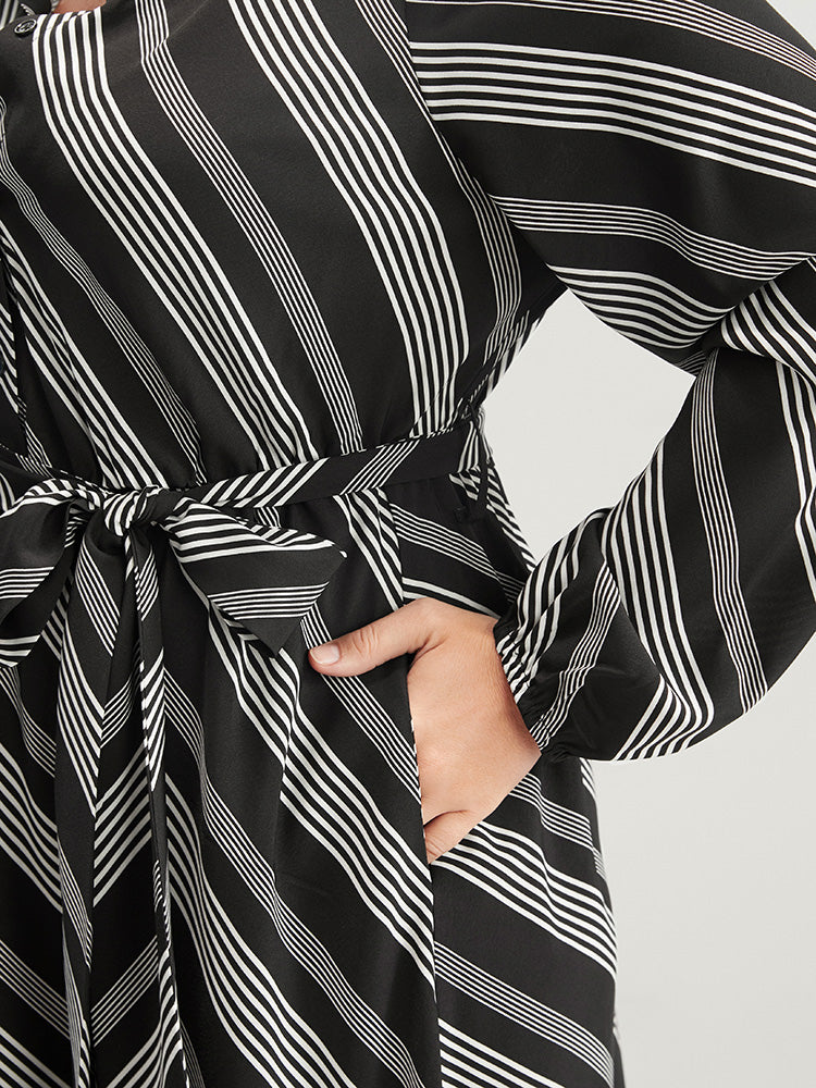 Striped Lantern Sleeve Pocket Belted Lapel Collar Dress