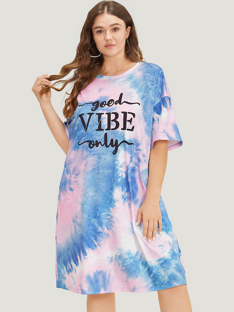 Letter Print Pocket Crew Neck Tie Dye Dress