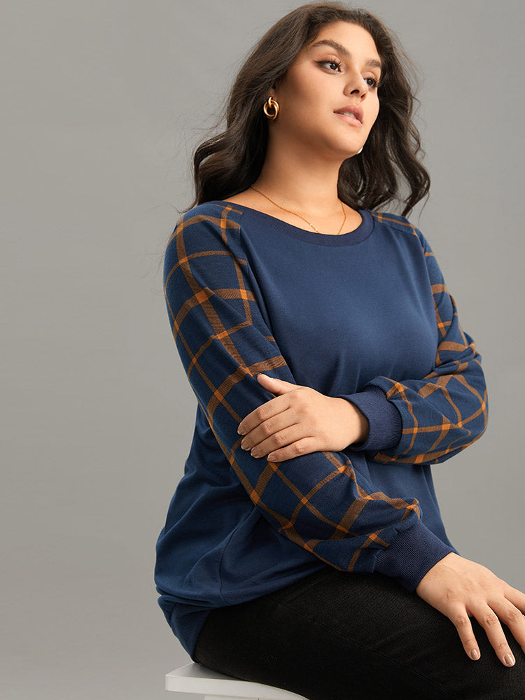 Plaid Two Tone Patchwork Rib Knit Sweatshirt