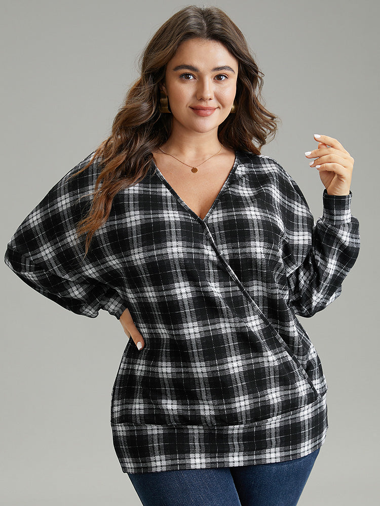 Plaid Overlap Collar Long Sleeve Sweatshirt