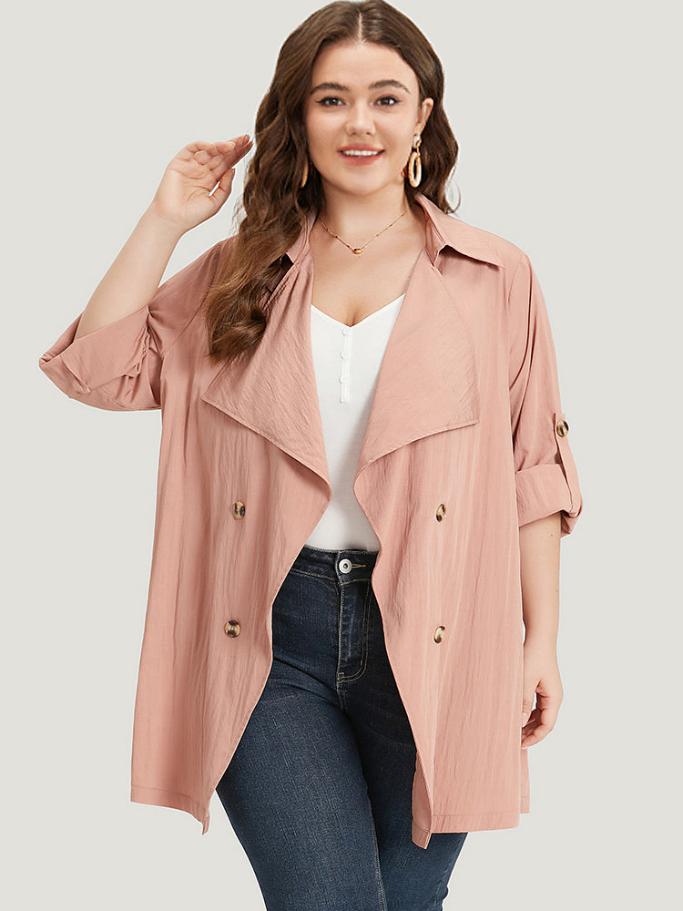 Plain Lapel Collar Asymmetrical Tab Sleeve Trench Coat