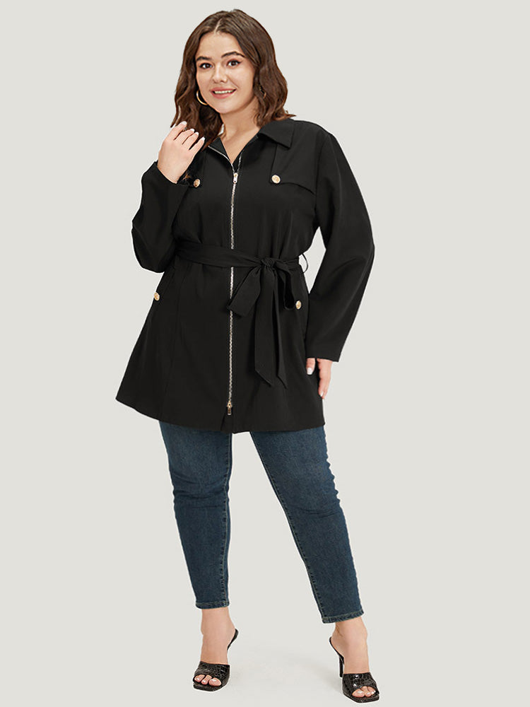 Solid Belted Button Detail Zipper Pocket Coat