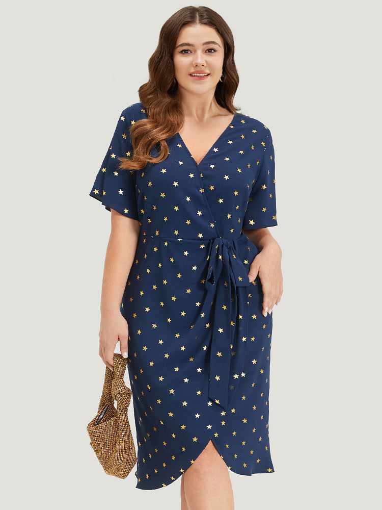 Star Wrap Ties Pocket Ruffle Sleeve Dress