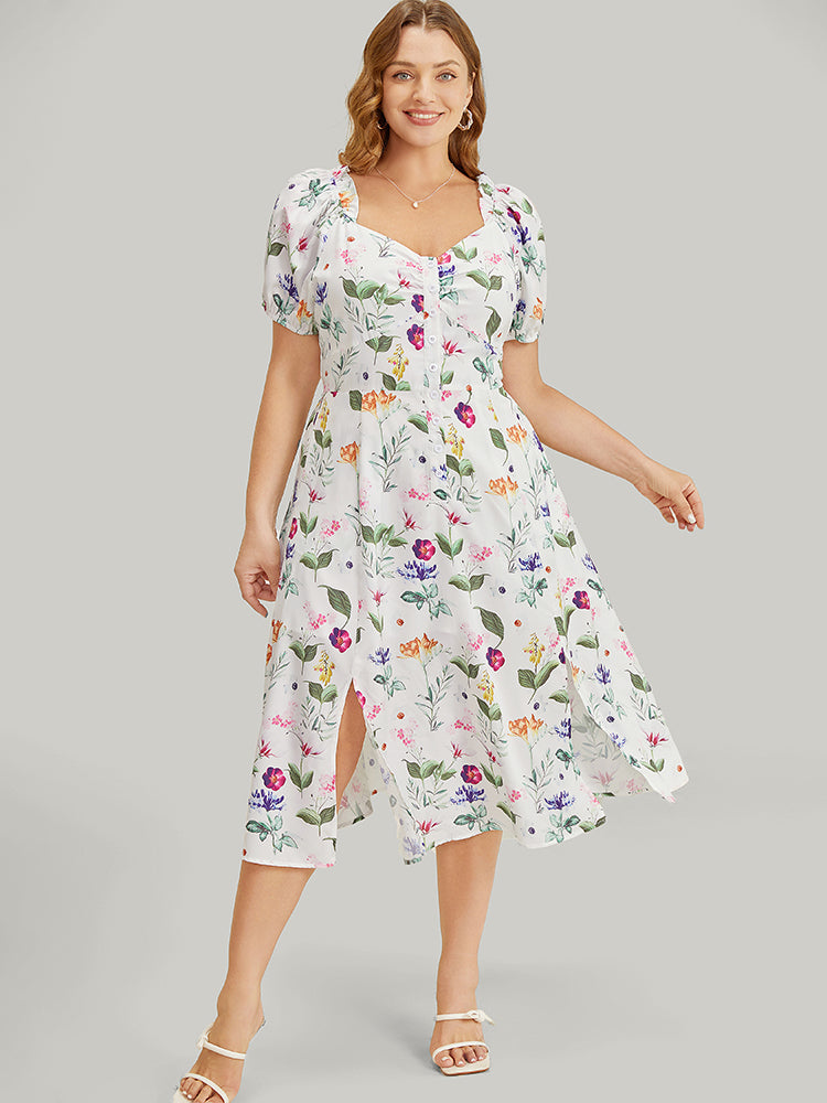 Floral Split Hem Button Detail Pocket Ruched Puff Sleeve Dress BloomChic