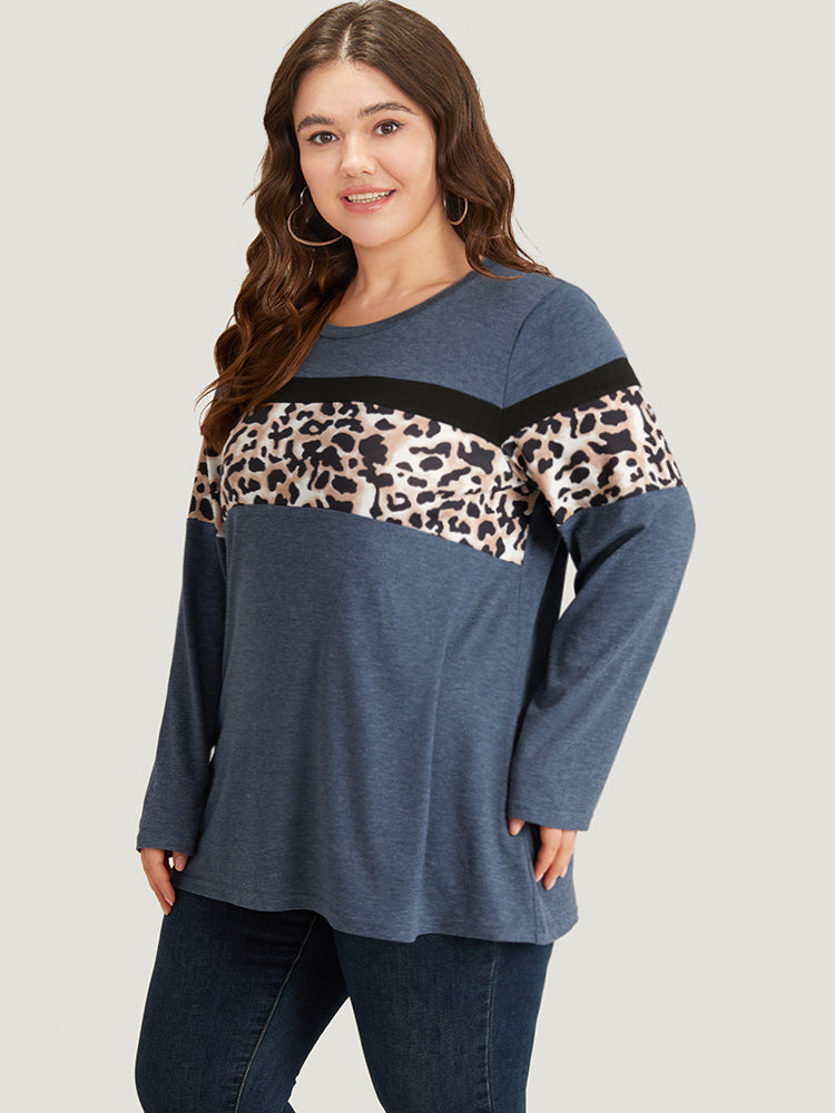 Leopard Heather Patchwork Crew Neck T-shirt