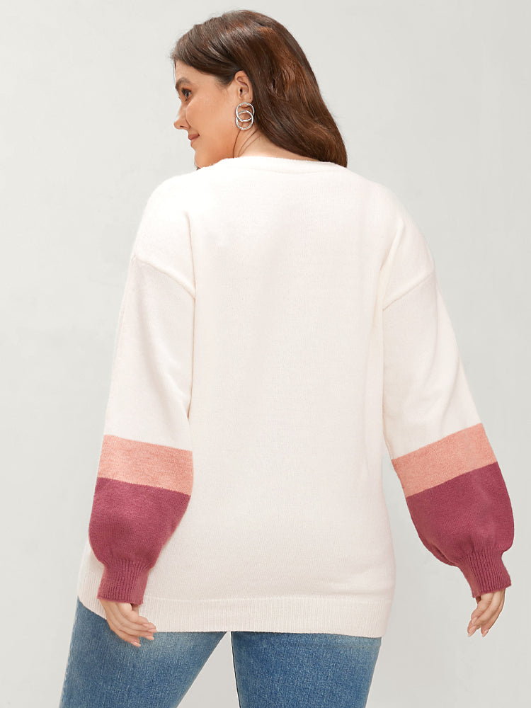 Colorblock Contrast Soft Pointelle Knit Lantern Sleeve Knit Top