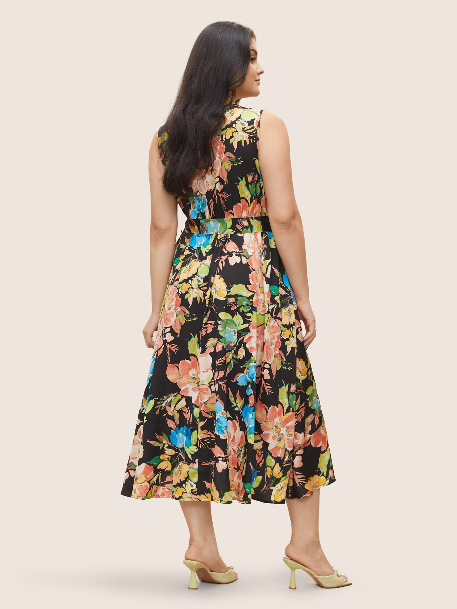 Surplice Neck Floral Print Belted Tank Dress