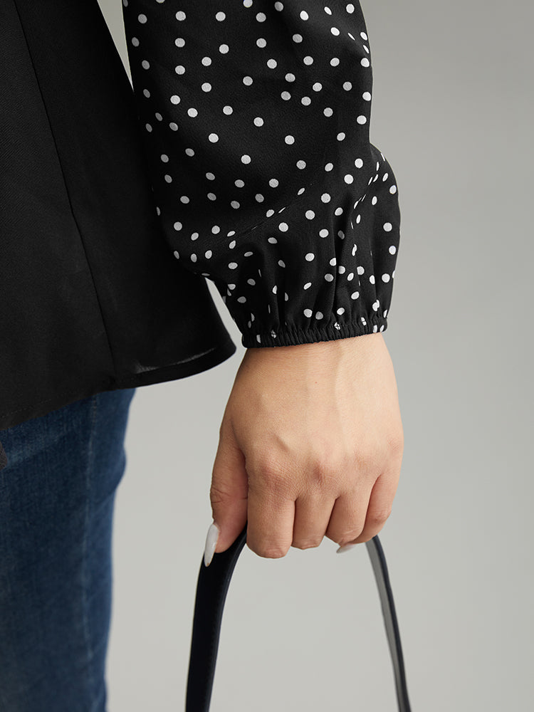 Polka Dot Patchwork Lapel Collar Elastic Waist Blouse