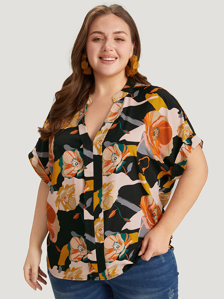 Floral Print Notched Cuffed Sleeve Blouse