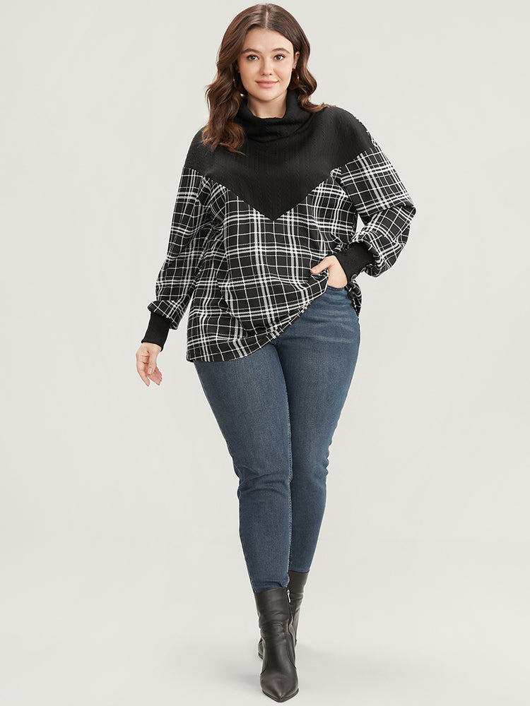 Plaid Patchwork Button Detail Funnel Neck Sweatshirt