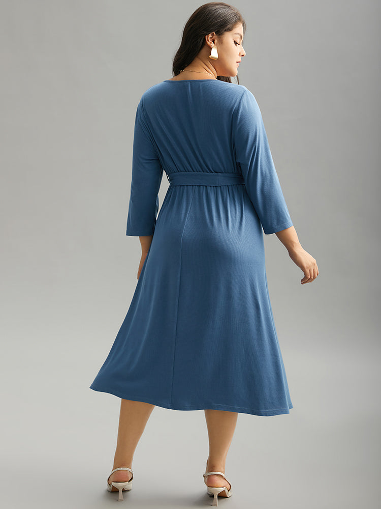 Plain Square Neck Arc Hem Belted Wrap Dress