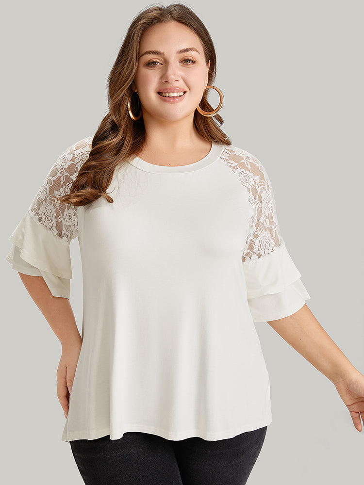 Plain Lace Mesh Round Neck Ruffle Sleeve T-shirt BloomChic