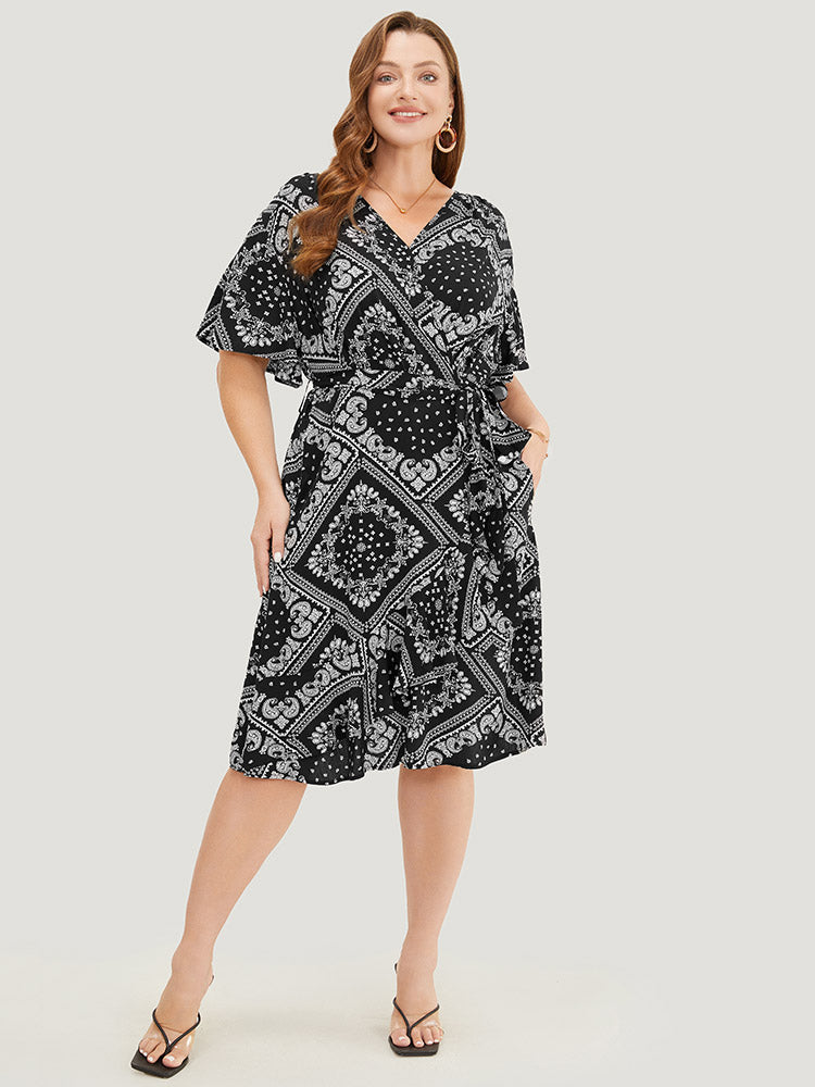 Paisley Print Pocket Belted Wrap Flutter Sleeve Dress