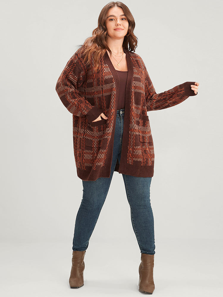 Tartan Contrast Pointelle Knit Pocket Open Front Cardigan