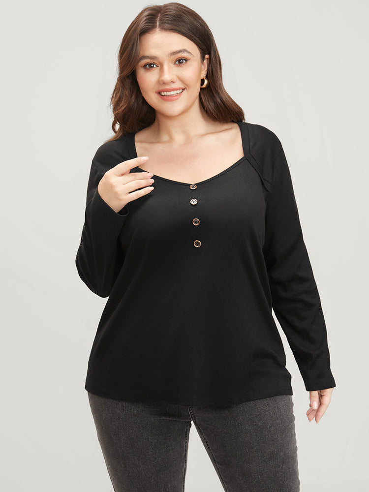 Solid Button Detail V Neck Long Tee