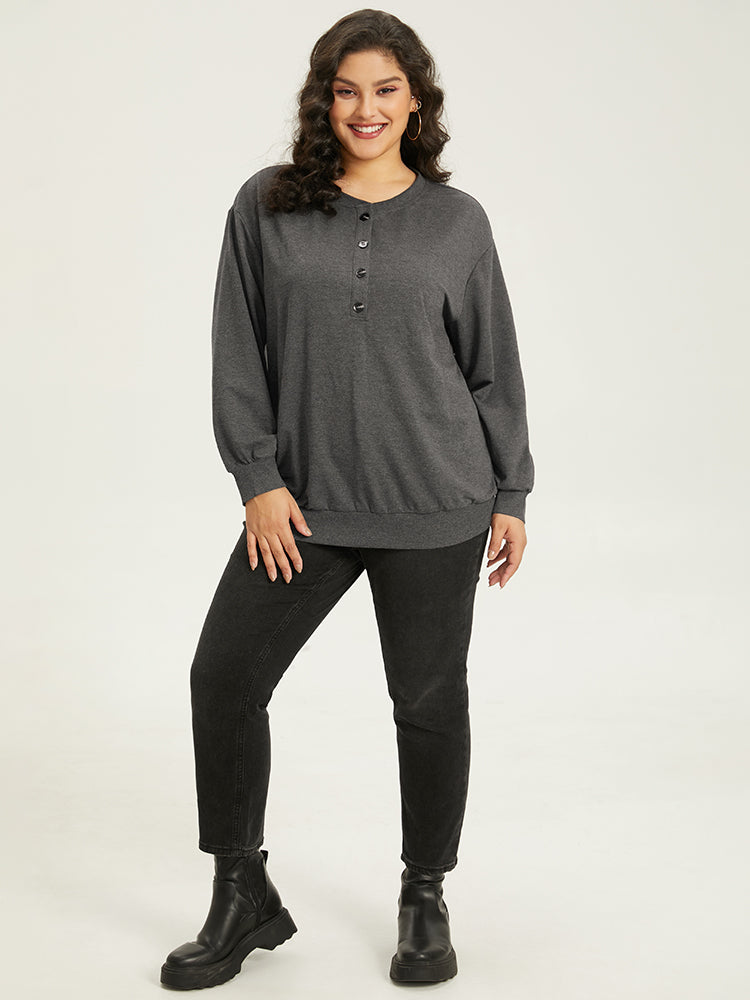 Solid Button Through Elastic Cuffs Sweatshirt