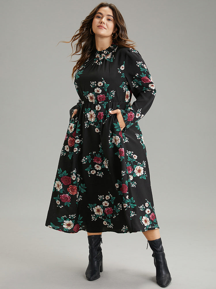 Floral Print Shirred Mock Neck Dress