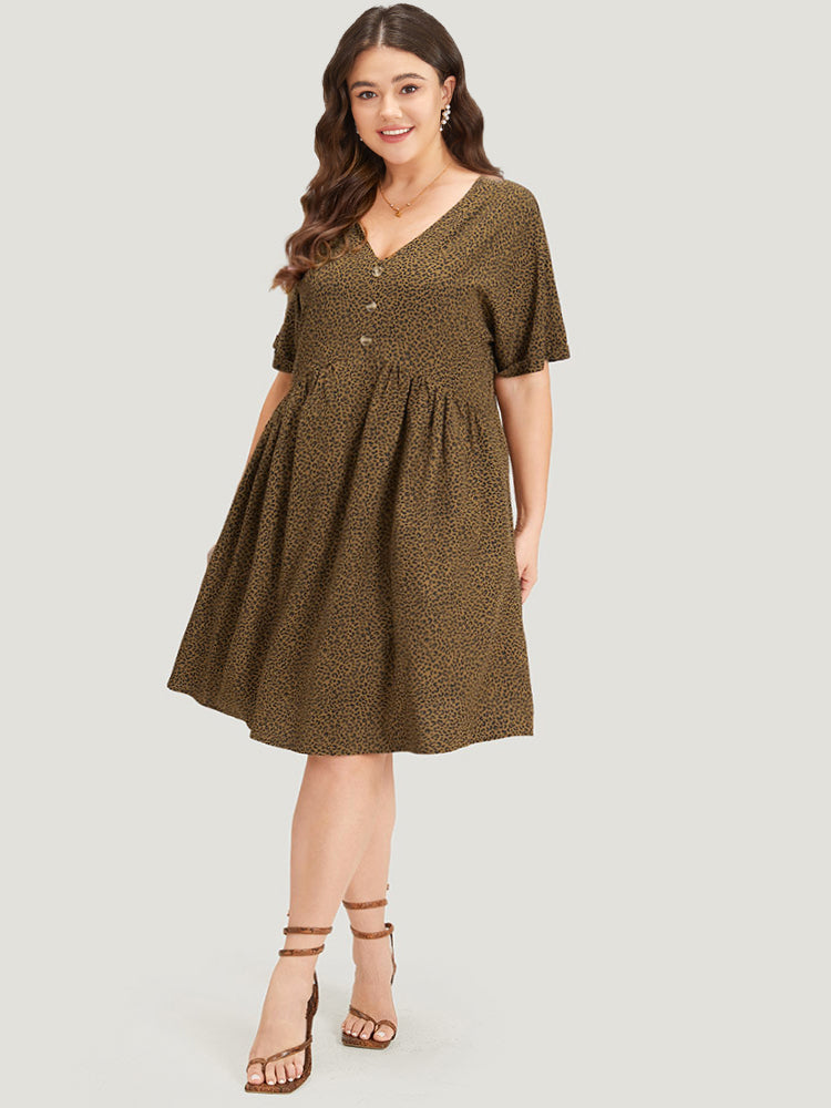 Leopard Print V Neck Button Detail Dolman Sleeve Dress
