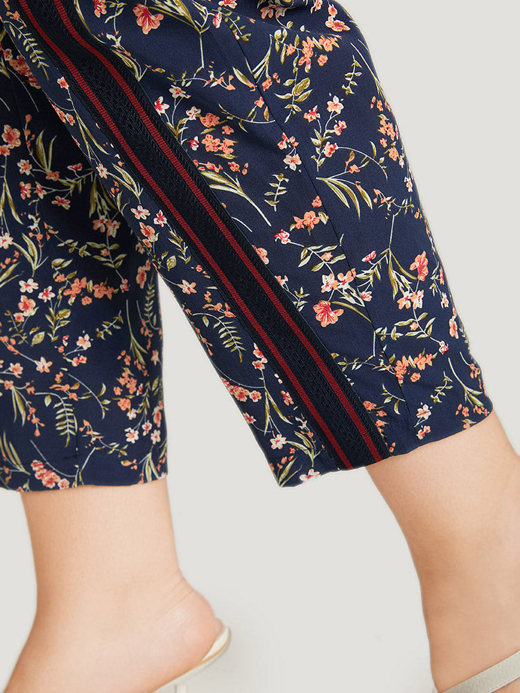 Ditsy Floral Pocket Elastic Waist Ties Patchwork Pants